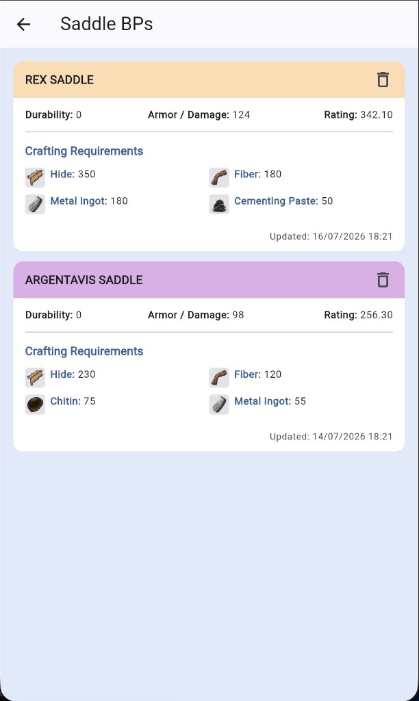 ArkMate saddle blueprint details with armor rating and crafting requirements